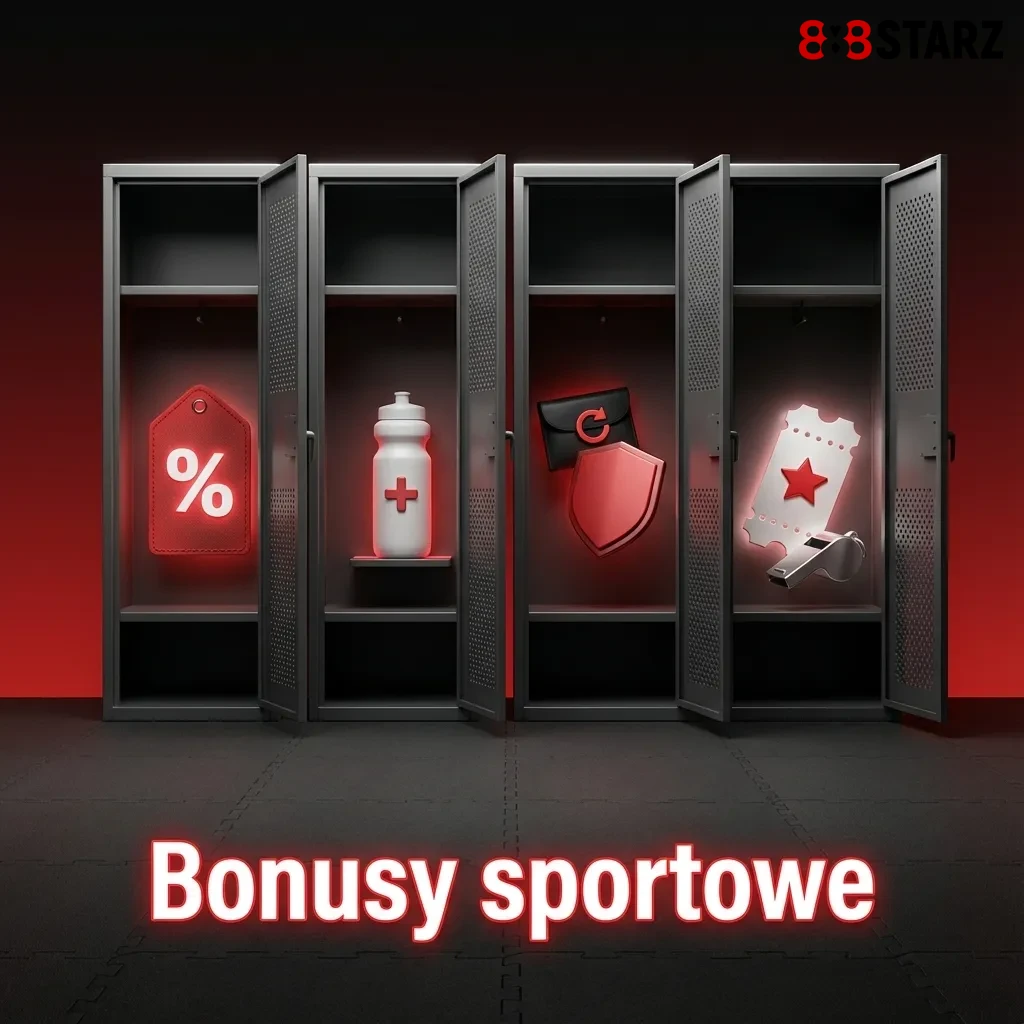 Grafika o bonusach sportowych: depozyt 100%, akumulator dnia, cashback na zakłady w piłce nożnej, tenisie i e-sporcie