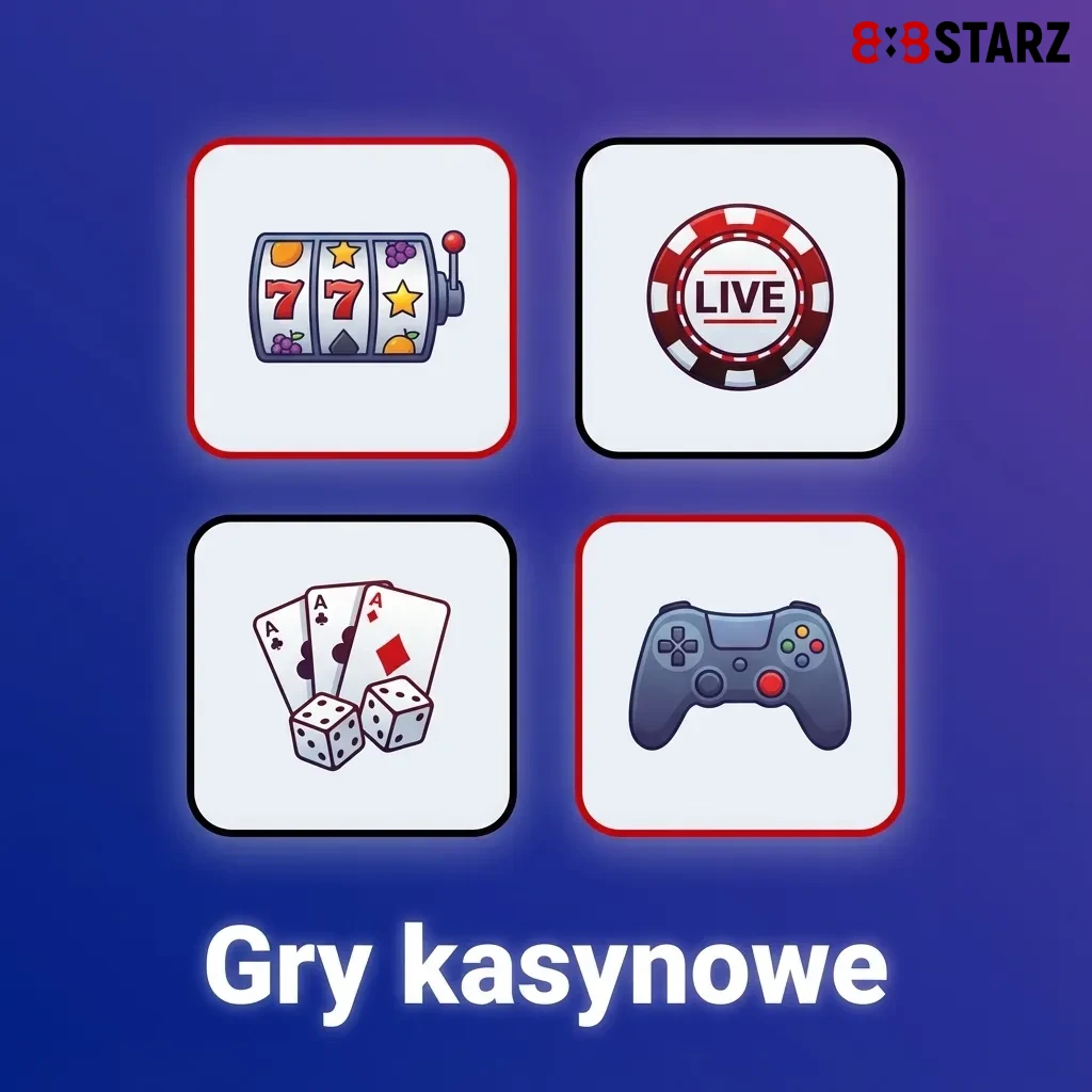 Ekran kasyna online z różnymi grami: sloty, ruletka, blackjack, baccarat, poker i gry z krupierem na żywo