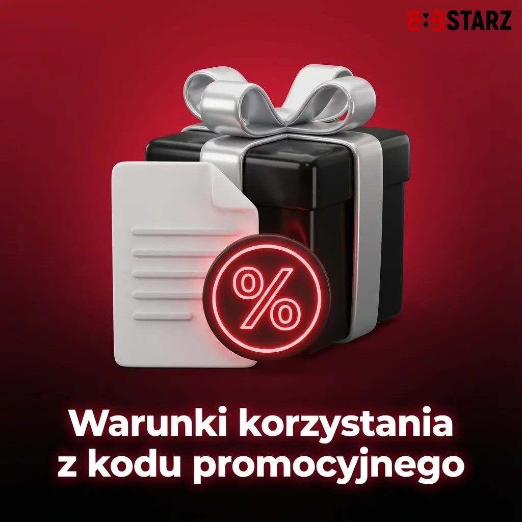 Ilustracja z nagłówkiem „Warunki korzystania z kodu promocyjnego” i listą zasad bonusu w kasynie online
