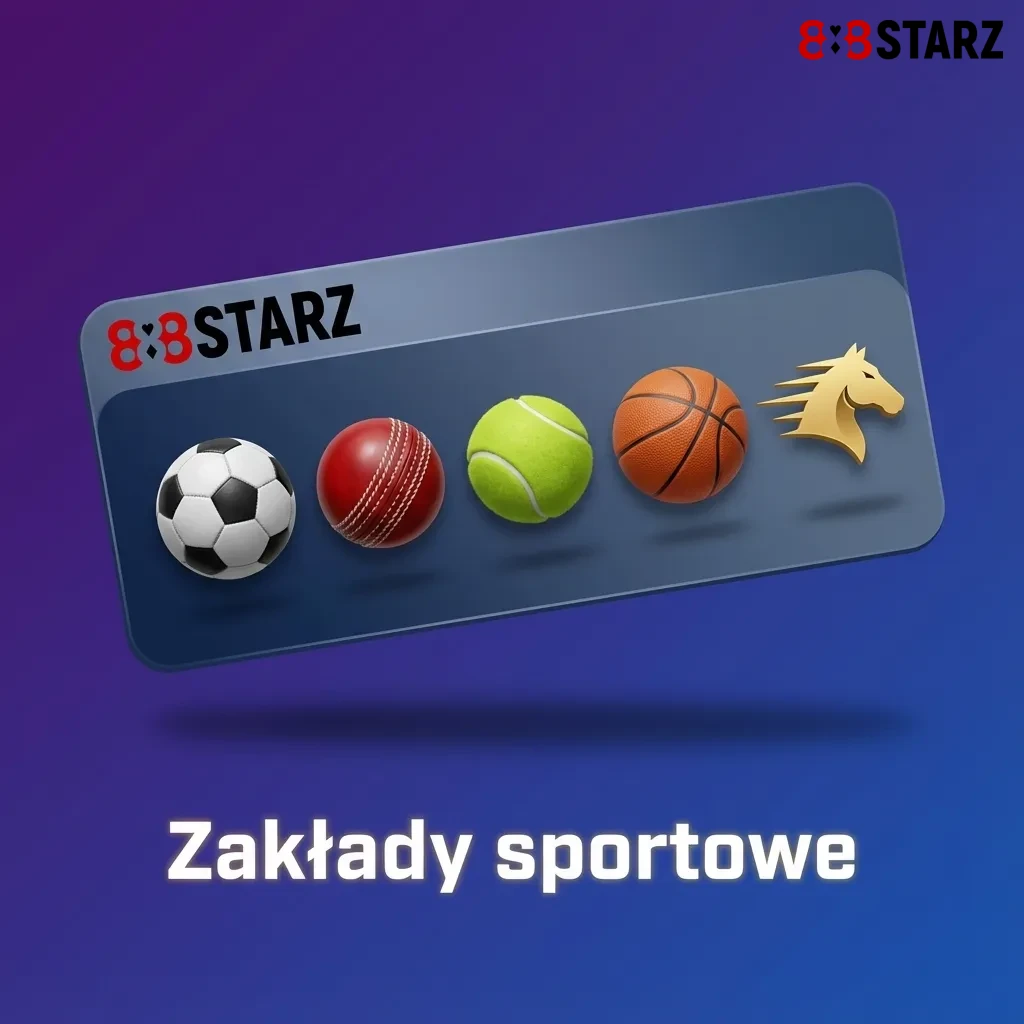 Grafika promująca zakłady sportowe na różne dyscypliny, w tym piłkę nożną, tenis, koszykówkę, esport i sporty walki.