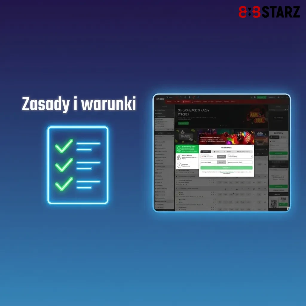 Ekran „Zasady i warunki” 888starz z listą zasad konta, bonusów, zakładów i wymogów dla graczy z Polski