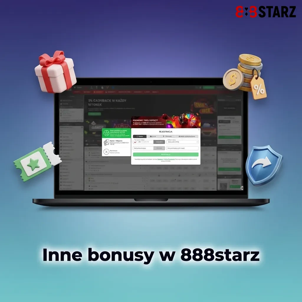 Grafika promująca bonusy 888starz: depozyty, cashback, darmowe spiny, zakłady sportowe i program lojalnościowy