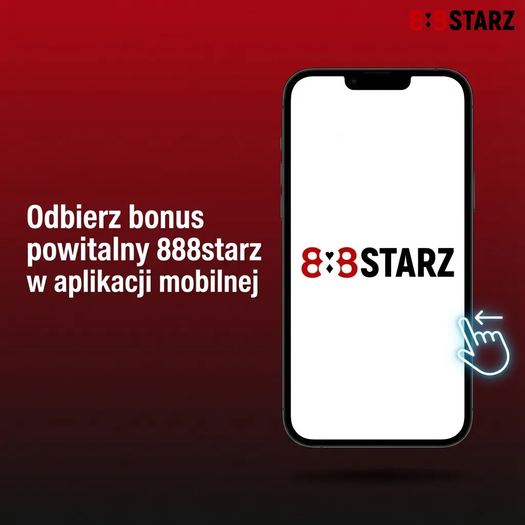 Ekran smartfona z aplikacją 888starz, komunikat o bonusie powitalnym i przyciskami rejestracji oraz logowania