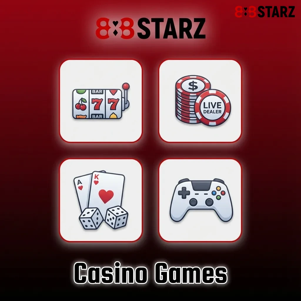Colorful casino gaming interface showing slots, live dealer tables, and card games from 5,000+ title library