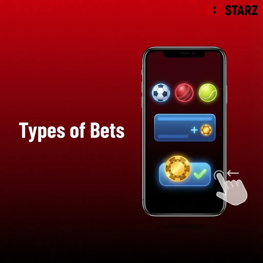 Diagram showing three bet types: Single bets on one outcome, Express combining multiple selections, and System bets.