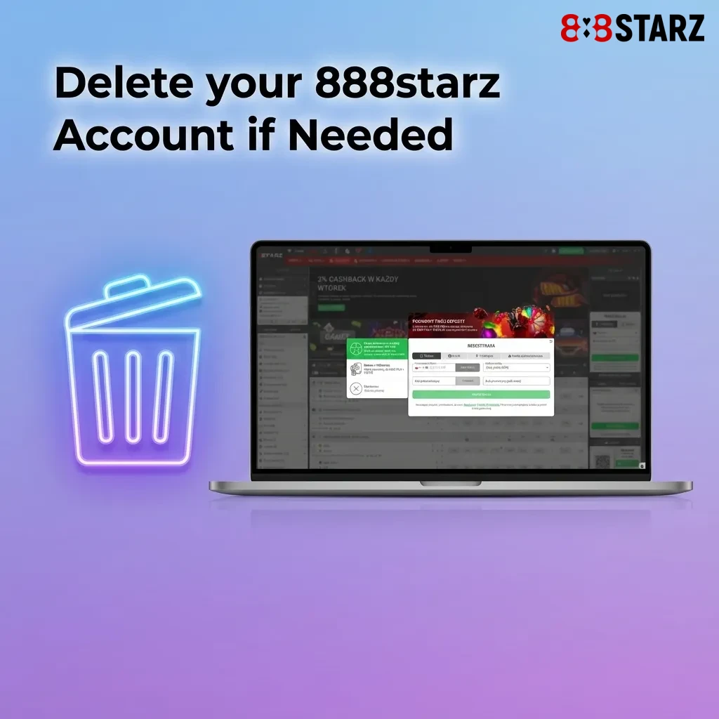 Person deleting 888starz gambling account through settings menu on computer screen